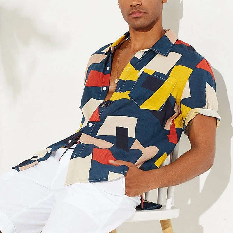 

2021 Summer Mens Shirt Top Casual Short Sleeve Hawaiian Shirts Stand Collar Print Cool Thin Shirt Men Dress Male Clothing Tops