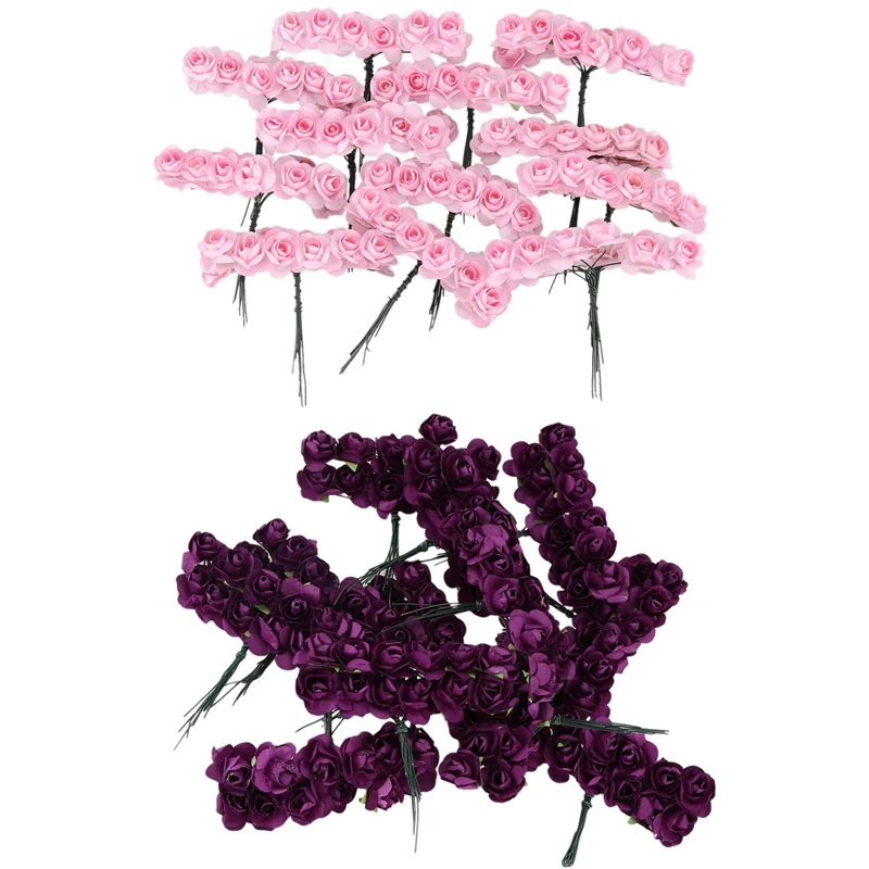 

288Pcs Mini Petite Paper Artificial Rose Buds Flowers DIY Craft Wedding Decor Home, Purple & Light Pink