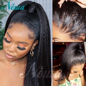 Newa яки прямые Синтетические волосы на кружеве человеческих волос парики с детскими волосами бразильский Волосы Remy в итальянском стиле Yaki Синтетические волосы на кружеве парик 150% полный парик с шнурком