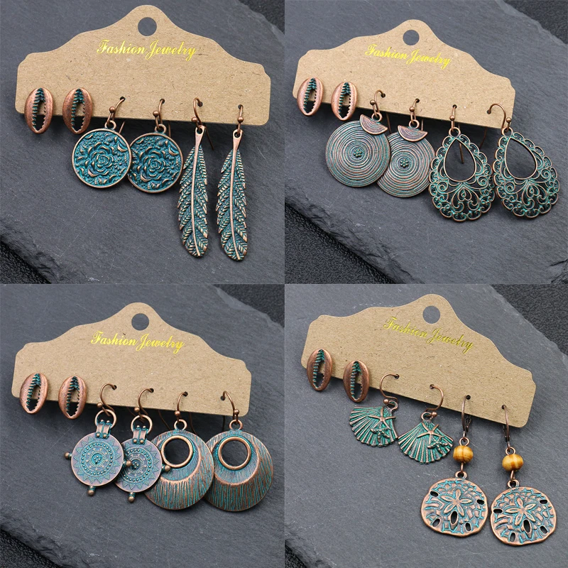 3 пар/уп. Винтажные серьги в богемном стиле набор античная бронза круглые листья