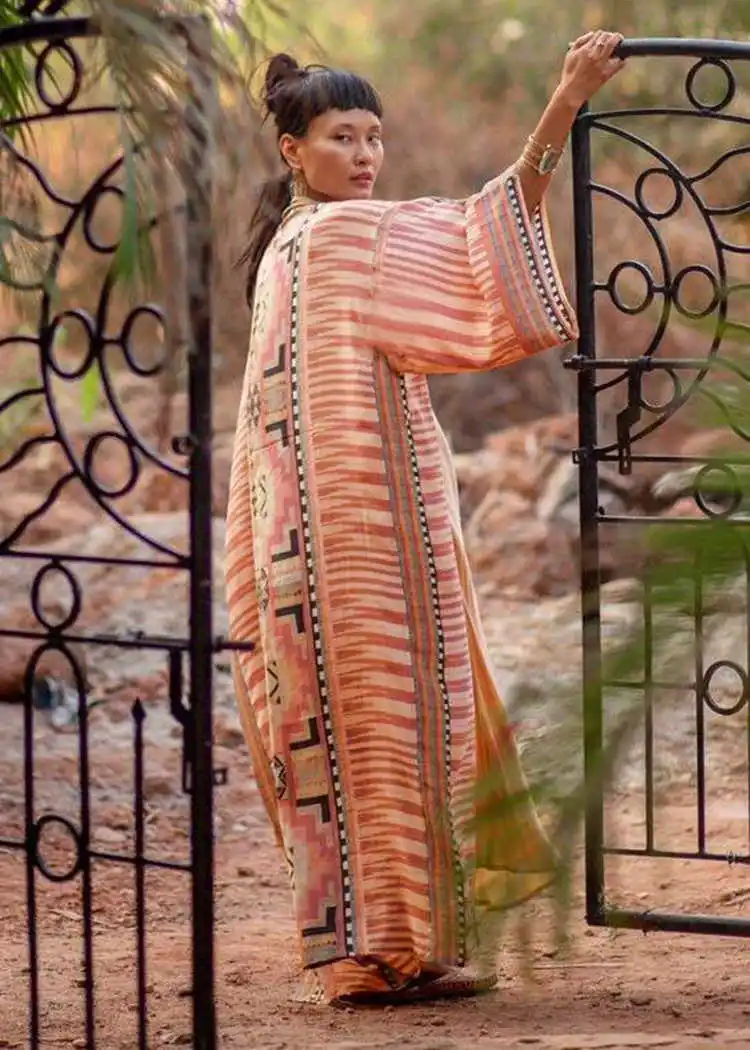 

2021 retro-printed blue dress with self-length sleeve belt plus size bohemian female kimono street wear maxi dress n1228