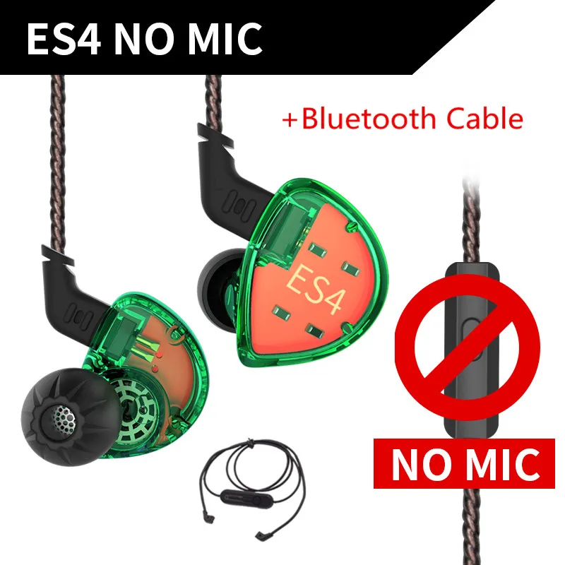 green no mic BT KZ ES4 1BA+ 1DD гибридные наушники-вкладыши Hifi Динамический драйвер шумоподавление Гарнитура замена кабеля AS10 ZSX ZST ES3 ZSN - Цвет: green no mic BT