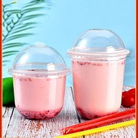 25pcs disposable clear plastic cups with a hole dome lid summer cold drinking beverage cup fruit juice ice container with cover