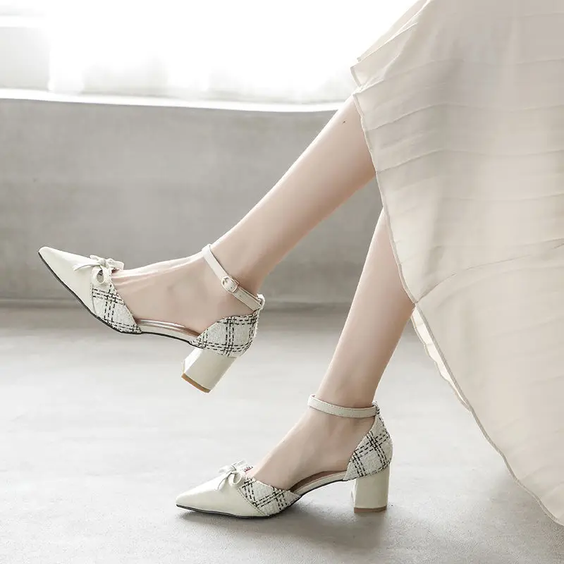 

2021 Women Spring Shoes,Summer High Heels Sandals,Pointed Toe Pumps,Bowtie Ankle Buckle Strap Footware,BLACK,BEIGE,Dropshipping