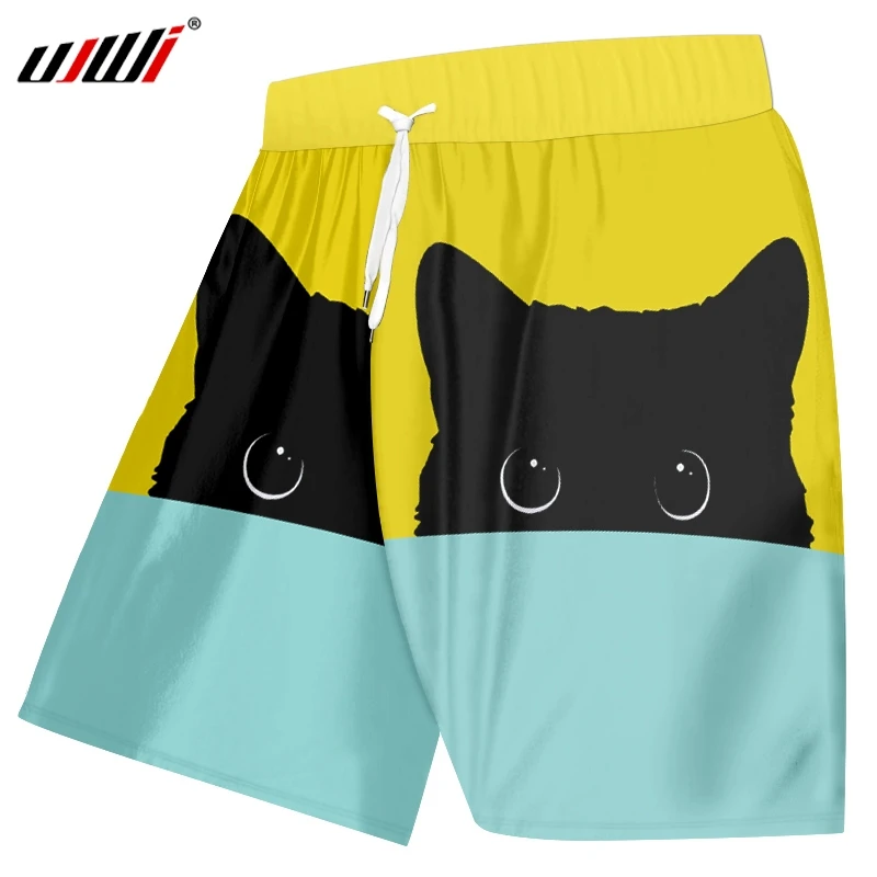 

UJWI Summer Tops Mens Beach Shorts Print Yellow Blue Cutee Cat 3D Board Shorts Man Hiphop Quick Dry Polyester Boxer Trousers