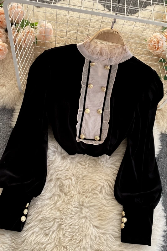 

Court Style Top 2021 New Style Women's Sweet Fungus Edge Collar Stitching Retro Velvet Women