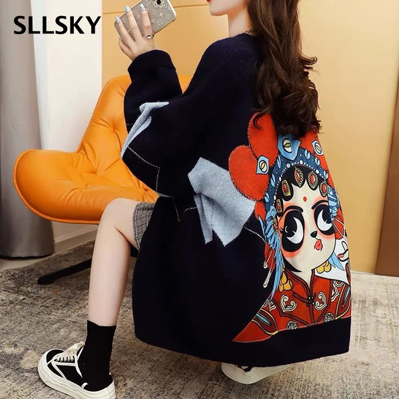 

SLLSKY Chinese Style Knitted Sweater Cardigan Women Loose Cartoon Print Long Sleeve Oversized Argyle Cardigans Harajuku Sweater