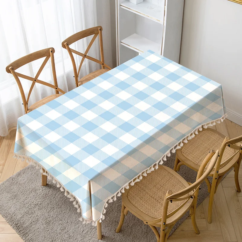 

Blue Grid Printing Table Cloth Tassel Waterproof Tablecloth Thick Rectangular Manteles Mesa Nappe Wedding Decorate Table Cover