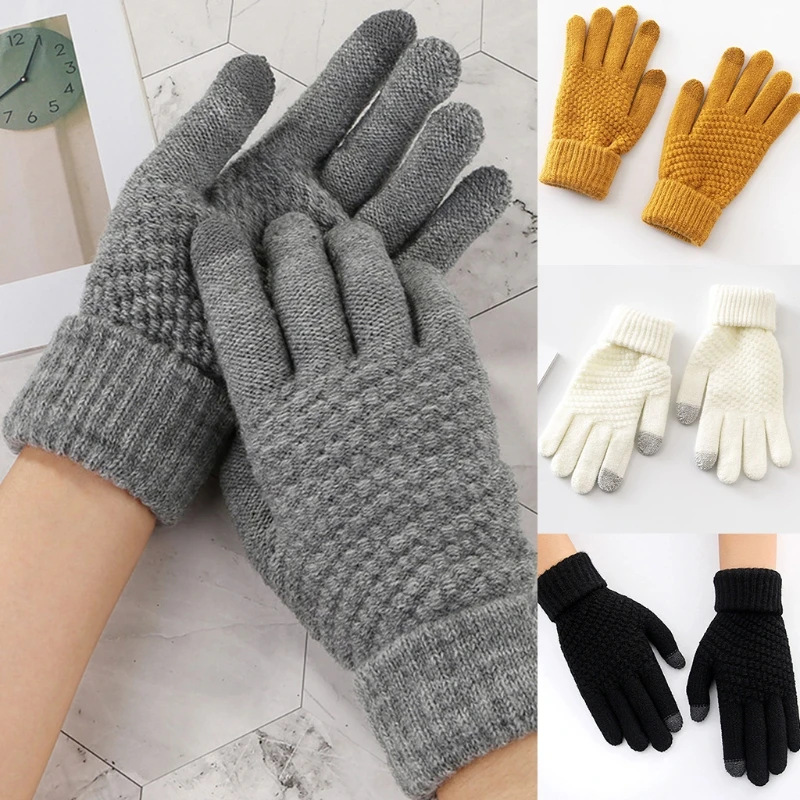 

Unisex Winter Knitted Touch Screen Gloves Solid Color Thick Plush Lining Warm Cozy Jacquard Full Finger Texting Mittens
