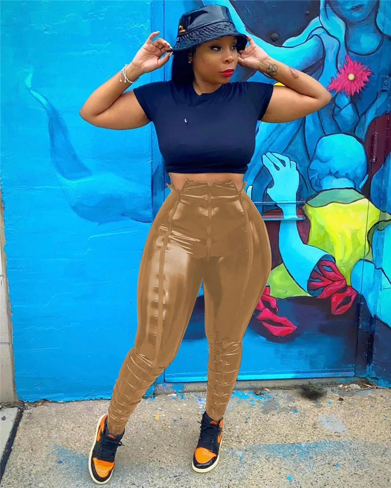 

ThornTree Women Stretchy Faux Leather Leggings Sexy High Waist Elastic Push Up Zippers Pants 2020 Sexy Fashion Black Streetwear