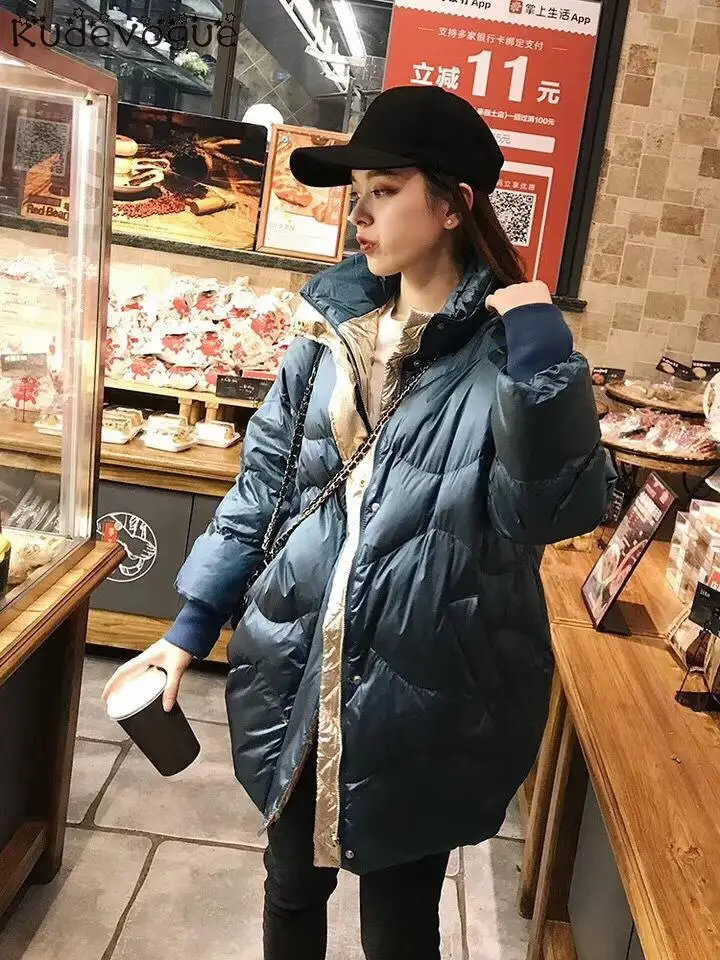 

Пуховик средней длины на белом утином пуху, зимний, свободный и плотный, в Корейском стиле