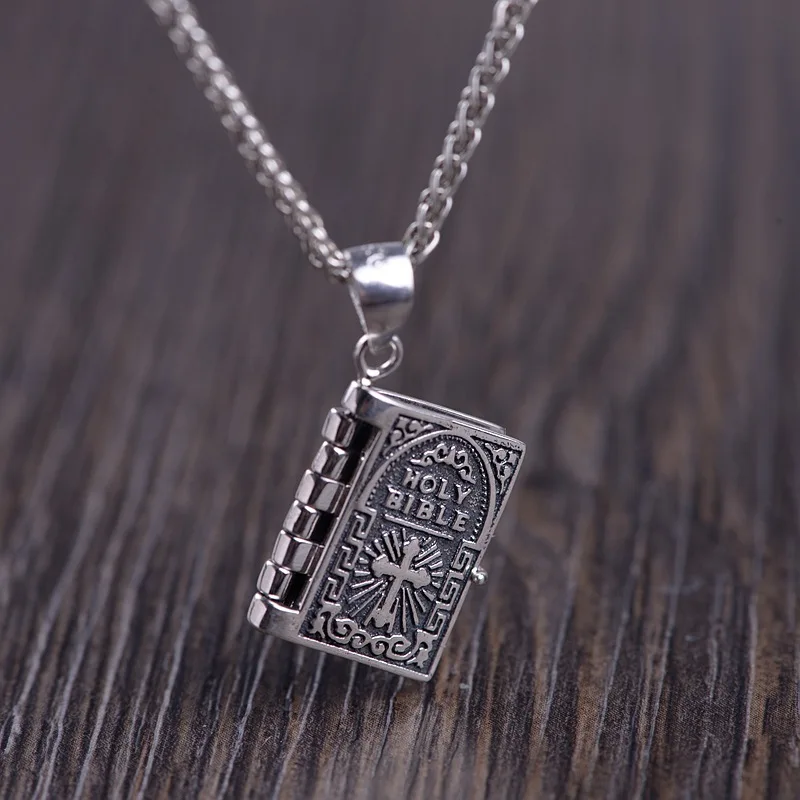 925 Sterling Silver Female Bible Cross Pendant Exquisitely Carved Bible Biblical Book Necklace Women Girl Men Christian Jewelry