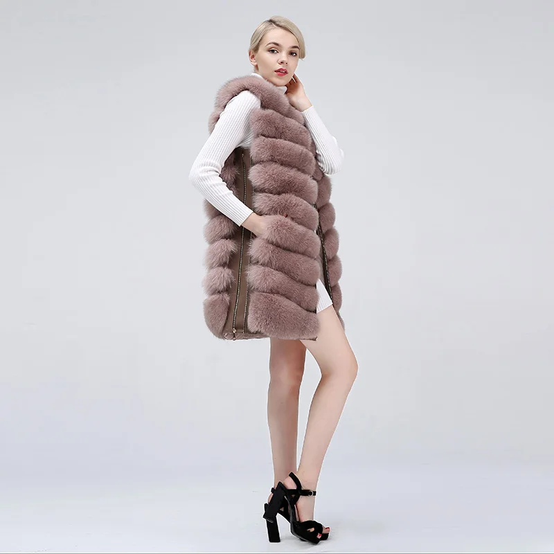 Natural Women's Fox Fur Coat Vest New Zipper Long Coat Winter Warm Coat Natural Fur True Fox Vest Jacket Free Shipping
