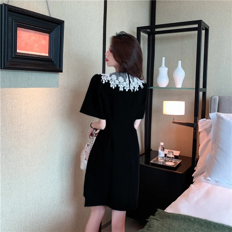 

Dresses for Women 2021 Summer New Style Retro Doll Collar Short-sleeved Black Dress Lace Print Single-breasted Solid Mini Dress