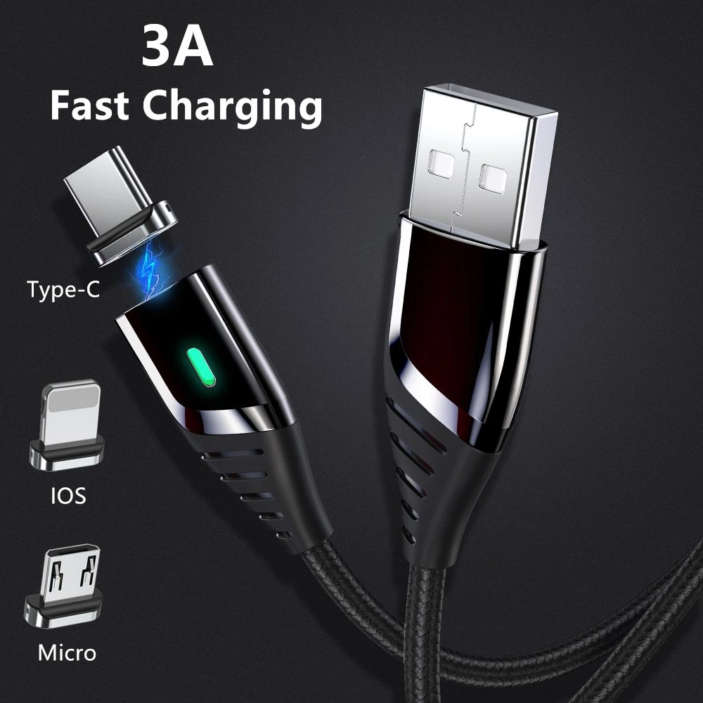 Кабель с сильным магнитом 3A быстрой зарядки Micro Usb Type C Nylon Braided Charger для iPhone 11 X Samsung Xiaomi Huawei 1M 2M.