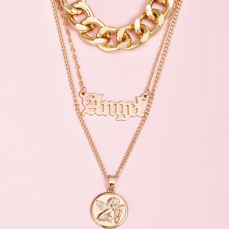 

Vintage Multilevel Exaggerated Thick Chain English Word Angel Portrait Necklace Art Letter Angel Pendant Necklace For Women
