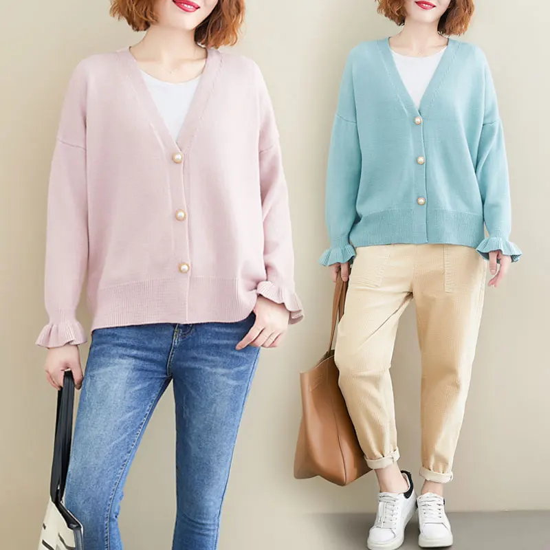 

2019 Women's Plus Size Knitted V-neck Cardigan Short Sweater Female Casual Bell sleeve Single Breasted Knitted Coat Tops cc1069