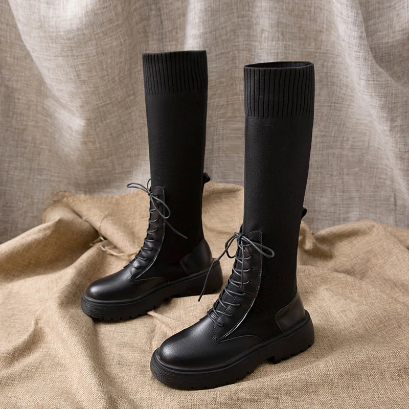 Модные черные женские Ботинки Martin на платформе Эластичные вязаные сапоги до