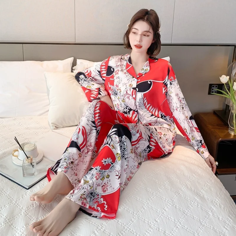 QWEEK Silk Like Pajamas for Women Chinese Style Pijamas Autumn 2 Piece Set Cartoon Print Sleepwear Loungewear Pyjamas Female Pjs