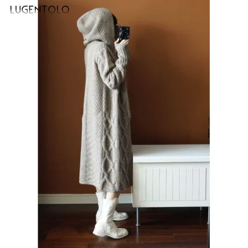 

Lugentolo Sweater Women Cardigan knitted Autumn Winter Hooded Long Sleeve Winter New Solid Loose Korean Cozy Lady Long Sweaters