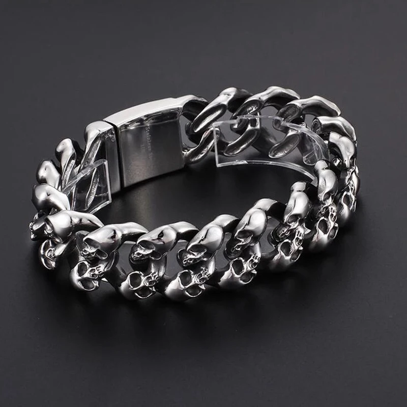 Punk Rock Mens Women Biker Skull Bracelets &amp Bangles Hiphop Vintage 19MM Heavy Stainless Steel Curb Cuban Chain Bracelet Jewelry |
