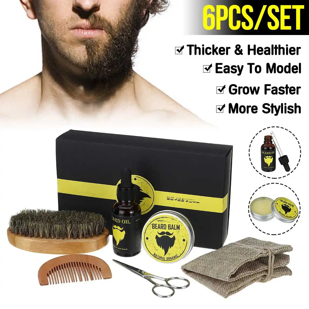 

6pcs Men Beard Grooming Kit Mustache Beard Hair Growth Oil Styling Tool Beard Essential Balm Comb Moisturize Wax Scissor