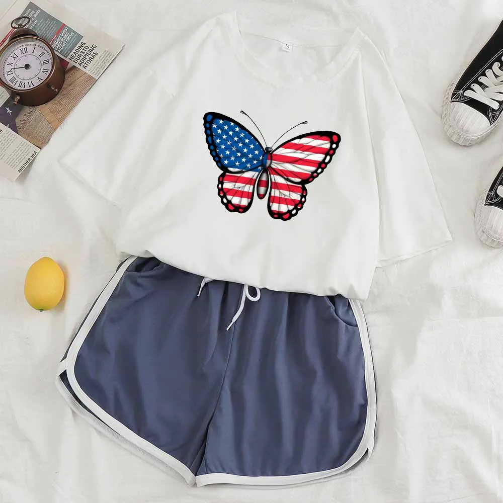 

Pajamas Set Female Streetwear Shorts Set Nightwear Set Kawaii Loungewear Women Summer USA Butterfly Print Tshirt Sleep Tops