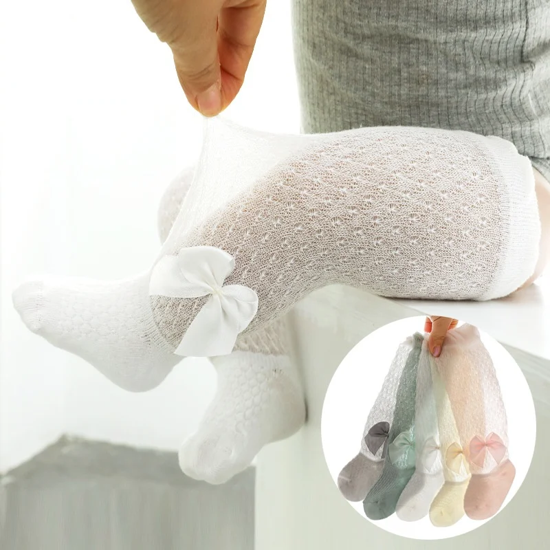 

Newborn Baby Girls Solid Bow Knot Socks Breathable Mesh Cotton Knee High Leg Cute Summer Infant Toddler Soft Socks Clothes