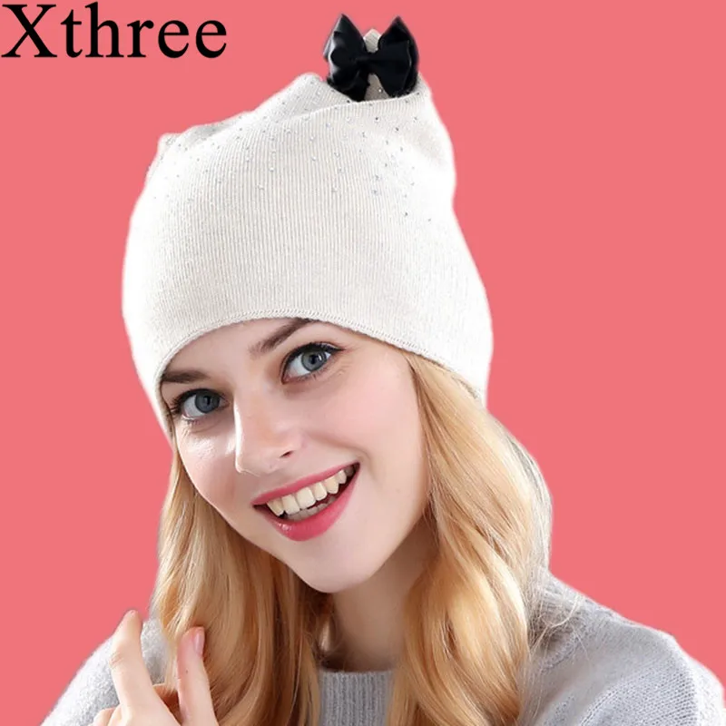 

Вязаная шапка Xthree из кроличьего меха на зиму и весну, Шапка-бини для женщин и девочек, шапка Китти feminino