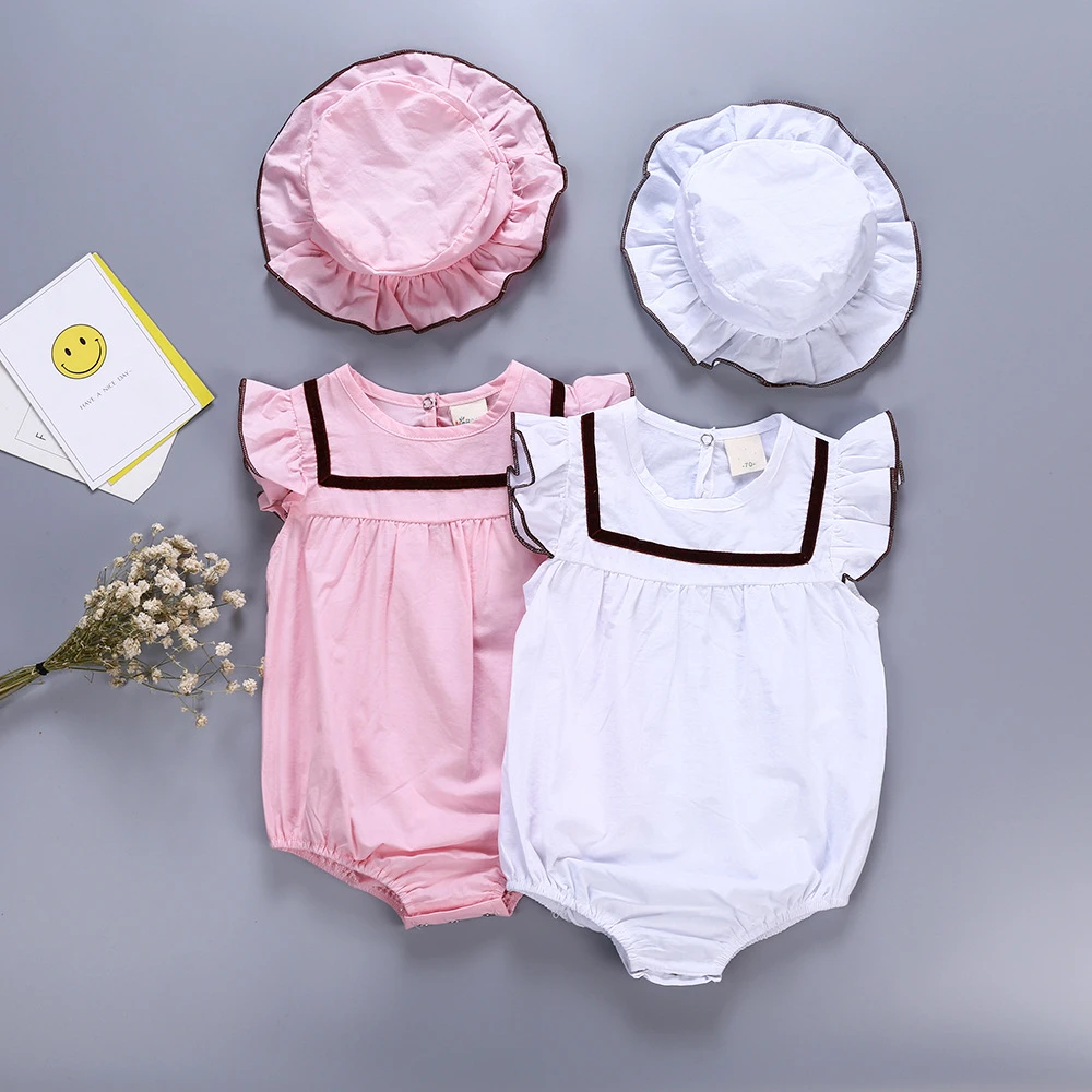 Infant Girls Pink Romper Tops One Piece Sleeveless Ruffle Jumpsuit with Hat Set Solid Color Soft Cotton Lady Girl Style Clothes |