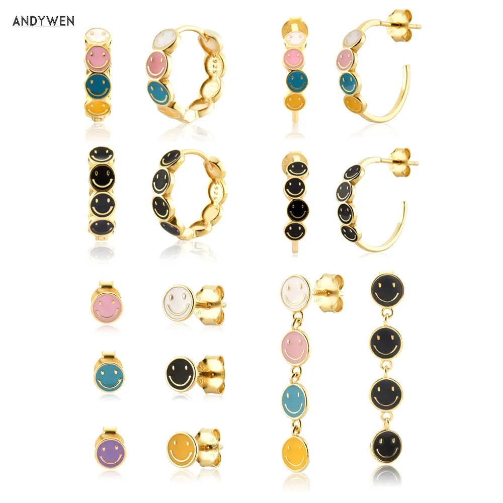 

ANDYWEN 925 Sterling Silver 2022 New Smile Happy Mood Face Stud Earring Hoops Drop Piercing Huggies Necklace Women Jewelry Set