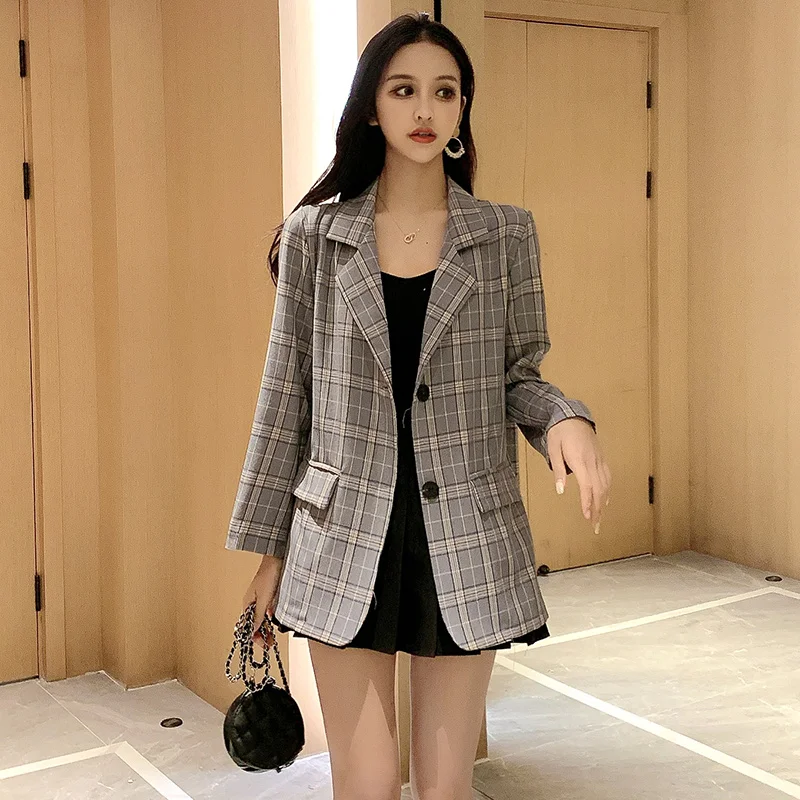 Женский клетчатый пиджак с карманами повседневный свободный офисный в Корейском