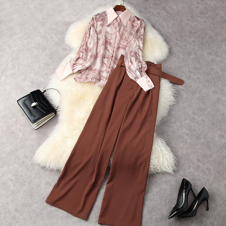 

European and American women's wear for spring 2021 long-sleeved printed shirt Belt wide leg pants Fashion suits