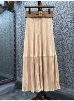 top quality new long skirts 2021 autumn winter party events women wide belt deco casual long pleated skirt apricot black color