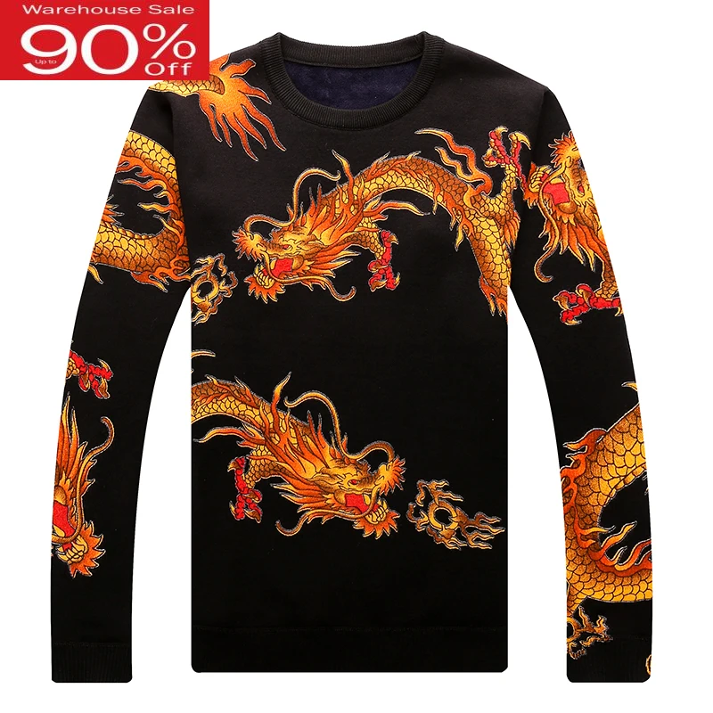 Мужской зимний трикотажный пуловер с рисунком дракона новый бархатный