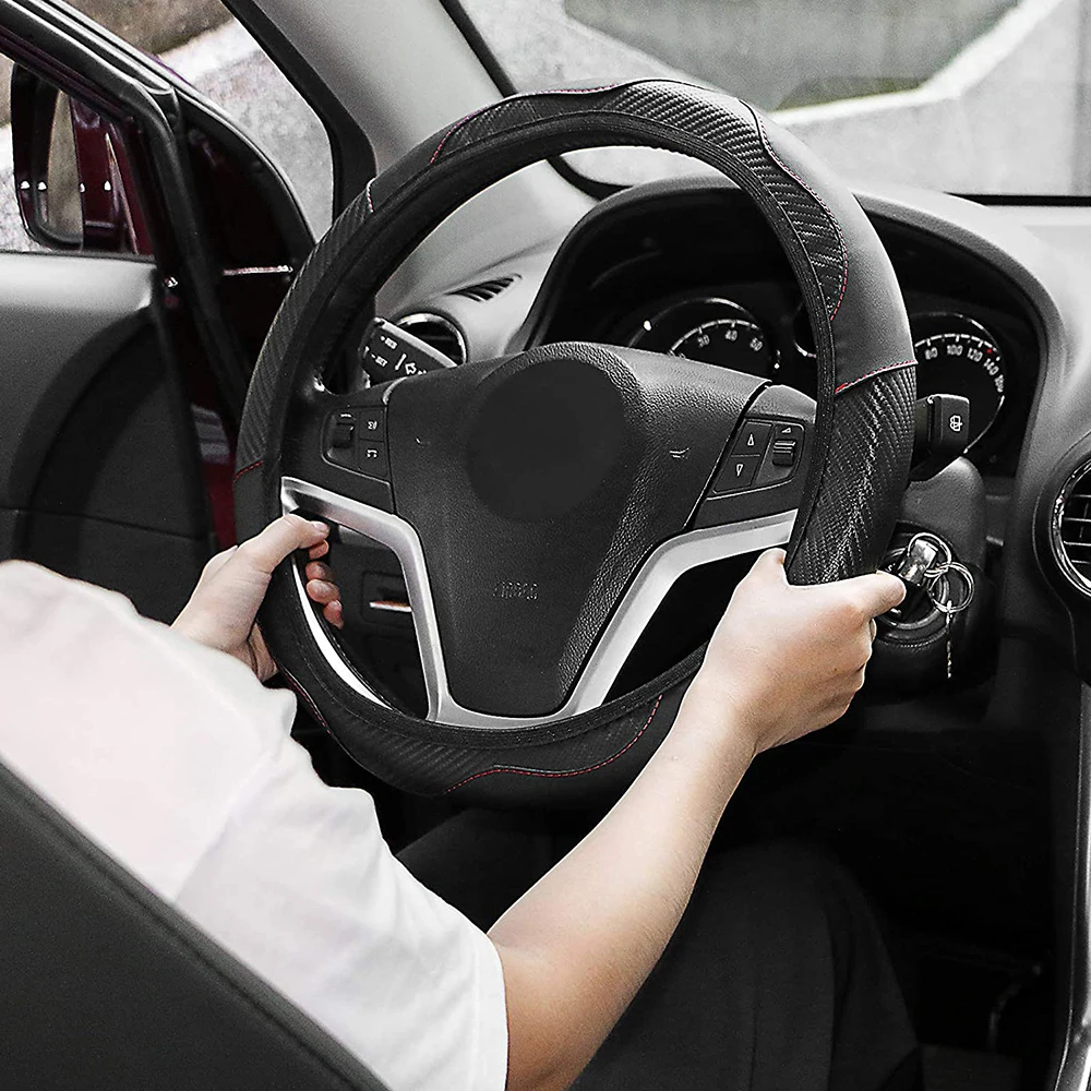 

Microfiber Leather Car Steering Wheel Cover 14.5-15" Universal Carbon Fiber Anti-Slip Steering Wheel Protector for Auto Truck