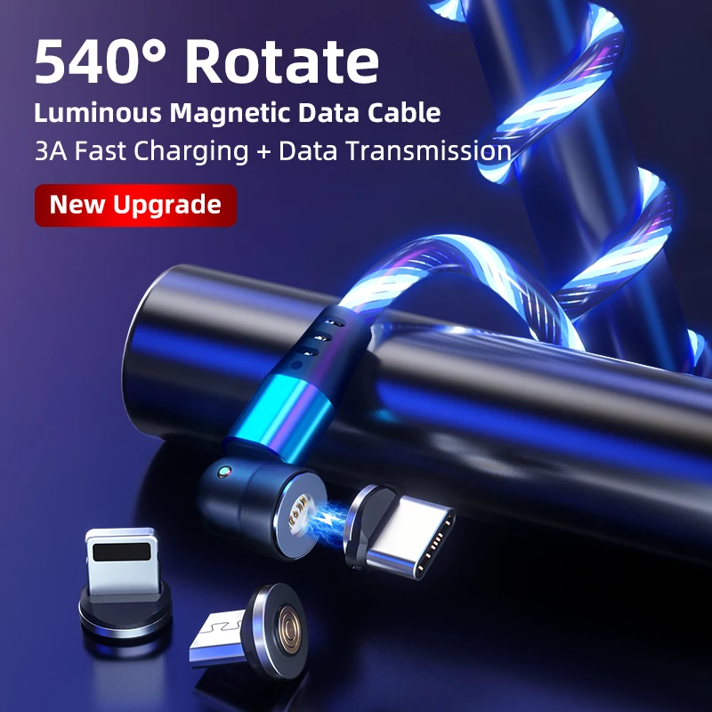 

3A Magnetic Micro USB Type C Cable LED Glow Flowing Charging Cable For iPhone 13 Xiaomi Mobile Phone 540 Degree Rotate Data Cord