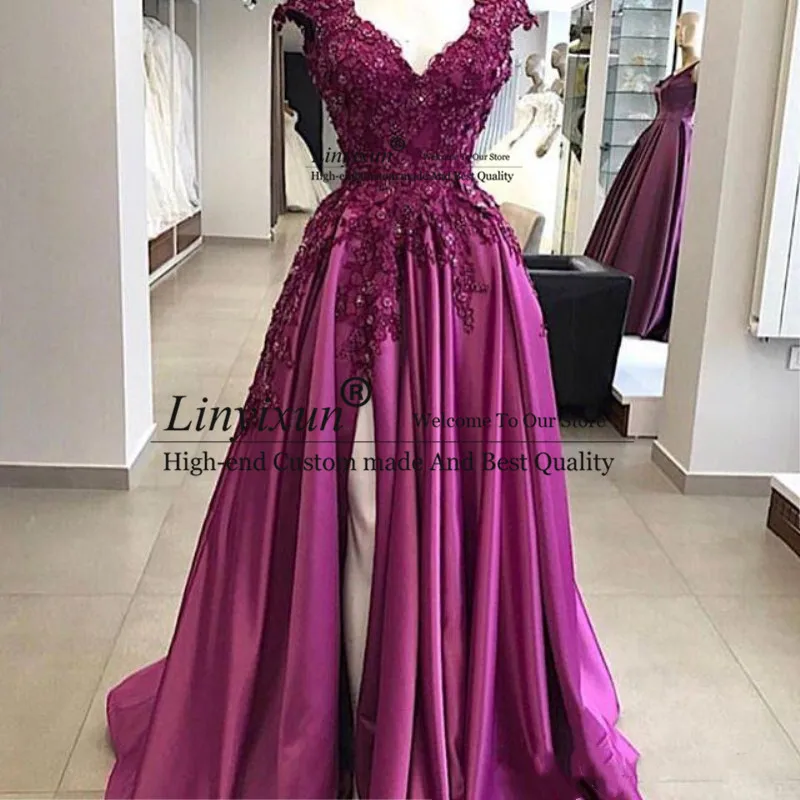 

Long Fushcia Prom Dresses Cap Sleeve V Neck Sexy Evening Dress Beads Floral Appliques Side Split Satin A Line Long Prom Dress