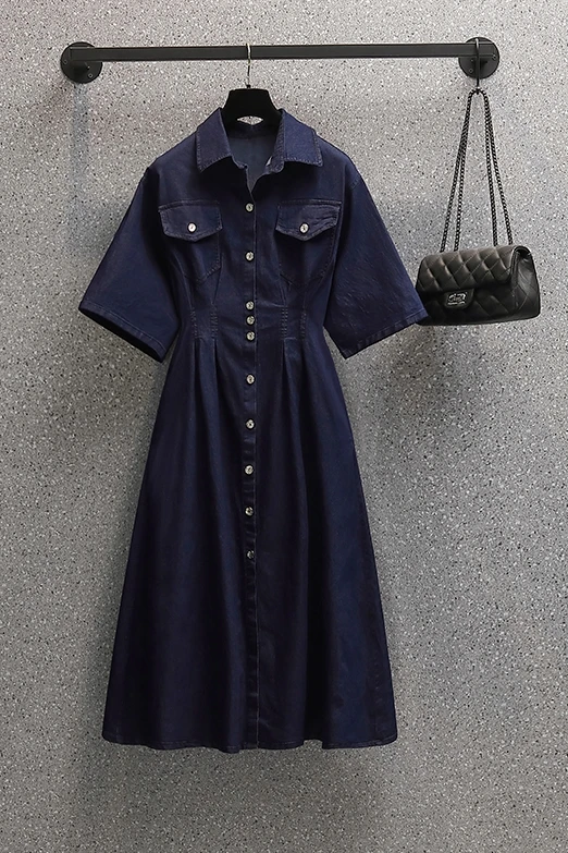 

SuperAen Plus Size 2021 Summer New Fashion Slim Turn Down Collar A Line Casual Mid Calf Denim Woman Dress