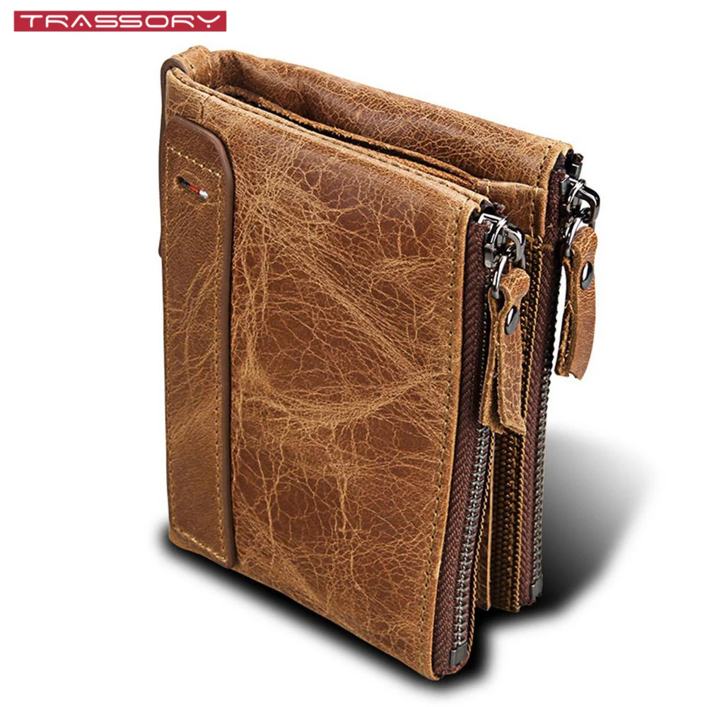 

TRASSORY Mens Anti Rfid Crazy Horse Genuine Leather Luxury Bifolder Double Zipper Wallet Purse Credit Business Card Holder