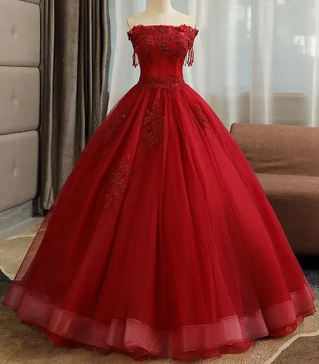 Wine Red Модное красное пышное платье новые аппликации бисером и блестками Бальные платья без рукавов на шнуровке выпускного вечера Формальное Тюлевое Платье De Soiree - Цвет: Wine Red