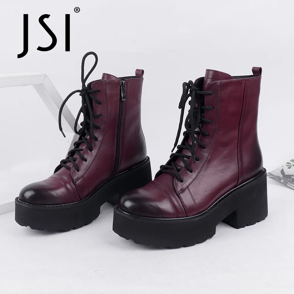 Jual JSI Sepatu Bot Pergelangan Kaki Musim Dingin Wanita Platform Tinggi Chunky Sepatu Bot Pendek Ujung Bulat Kulit Asli Wanita JC831
