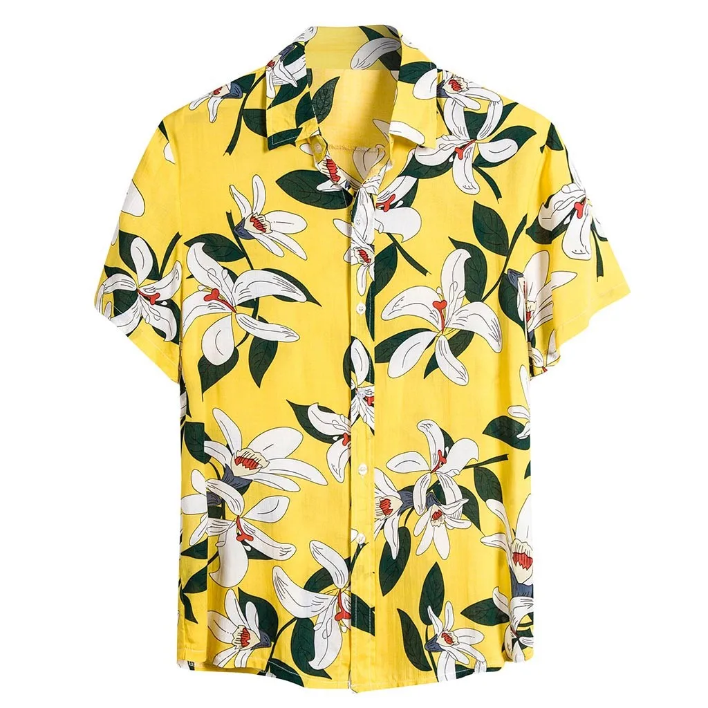 Мужская гавайская рубашка с принтом желтая Повседневная Блузка короткими