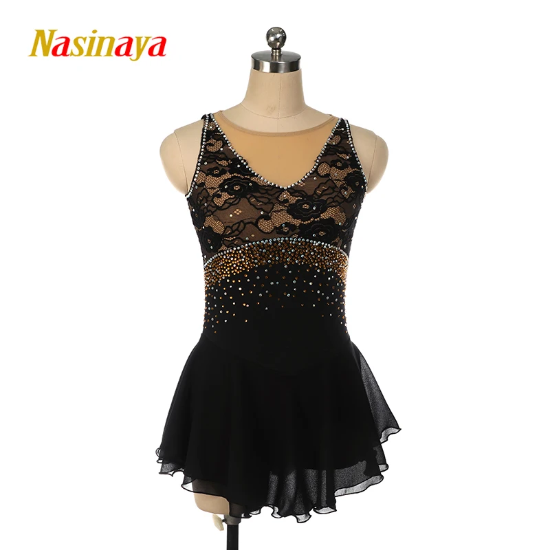 Black Figure Skating Dress Long-Sleeved Ice Skating Skirt Spandex lace with golden rhinstones