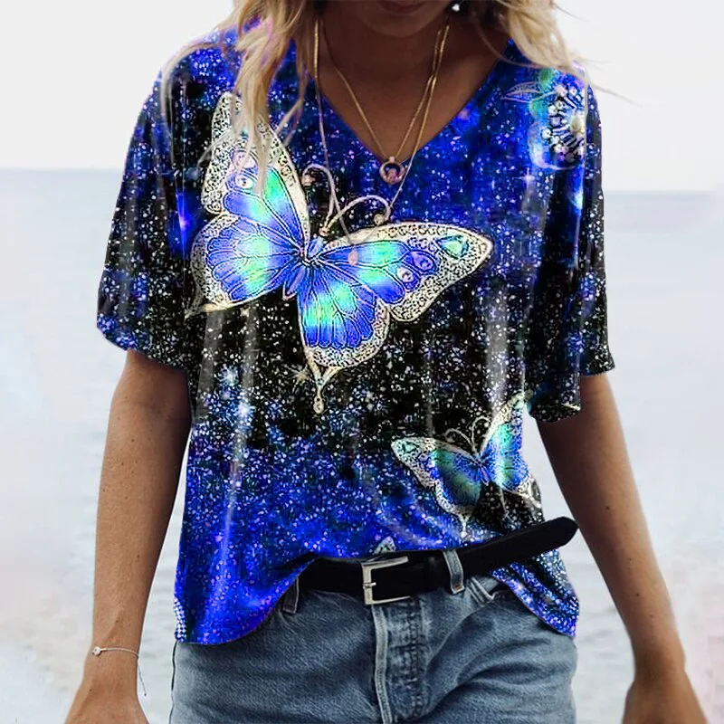 

4XL 5XL Summer Butterfly Print Casual T Shirt Women Half Sleeve V-Neck Loose Female Pullovers Shirt Plus Size Tops Street Tee