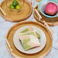 1 pcs round rattan bread basket woven tea tray with handles home dinner serving decoration handmade round tray for fruits