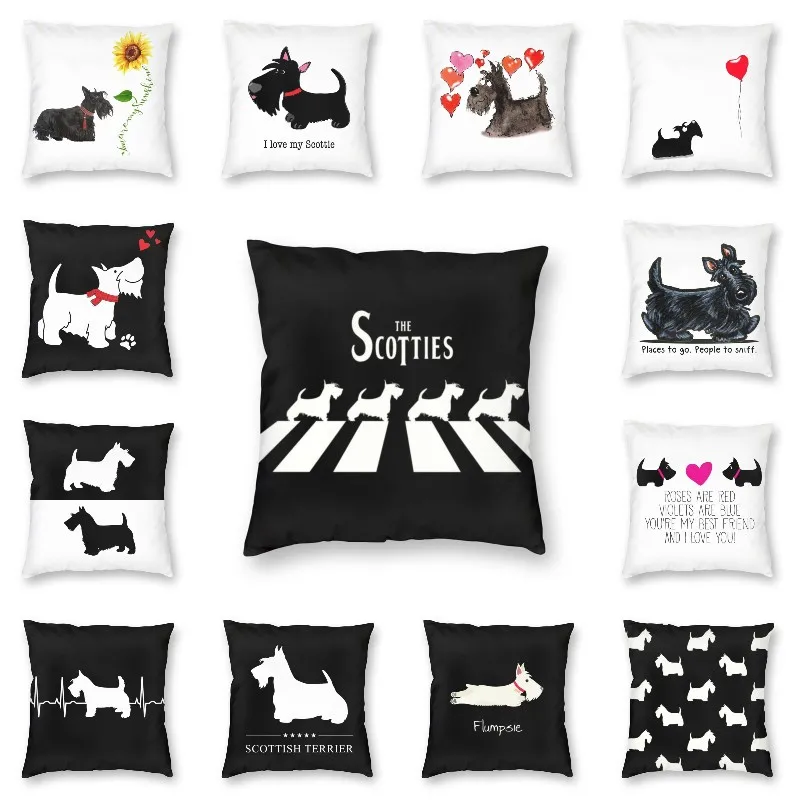 

Black and White Scottish Terrier Dog Cushion Cover CartoonScottie Puppy Throw Pillow Case for Car Pillowcase Home Decorative