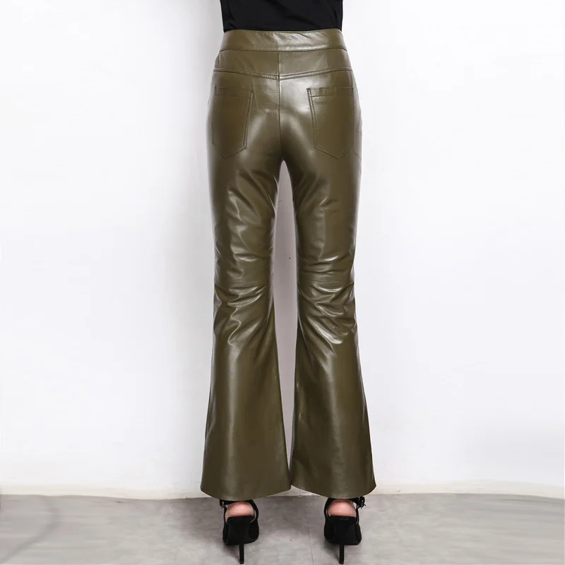 Брюки клеш Женские длинные из натуральной кожи черные 2020 размера плюс | Женская