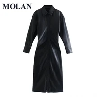 molan elegant woman pu dress 2021 summer new botton up lapel long sleeve vintage casual leather long dress black female outwear
