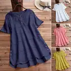Винтажная женская блузка с вышивкой ZANZEA 2021, летние топы, повседневные рубашки с коротким рукавом, Женские однотонные Блузы с разрезом, Женская туника